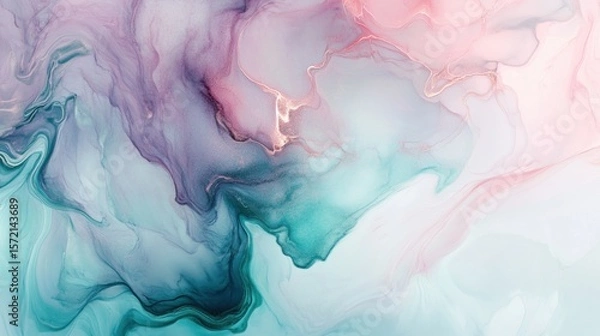 Fototapeta A fluid abstract background with glowing light lines, smooth gradients in shades of teal, pink, and lavender, creating a soft and relaxing visual experience