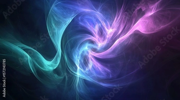 Fototapeta A fluid abstract background with glowing neon swirls and gradients in shades of blue, teal, and lavender, creating a calming and smooth effect