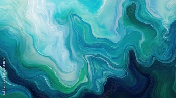 Fototapeta A fluid abstract background with smooth curves in shades of teal, blue, and green, creating a calming, ocean-inspired atmosphere