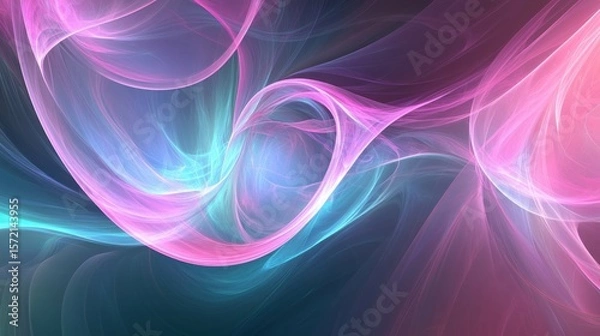Fototapeta A fluid abstract background with smooth glowing light lines, gradients in shades of pink, teal, and blue, creating a calm and relaxing effect