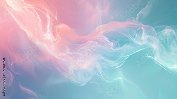 Fototapeta A fluid abstract background with smooth glowing light trails, gradients in shades of teal, pink, and lavender, evoking a calming and serene atmosphere