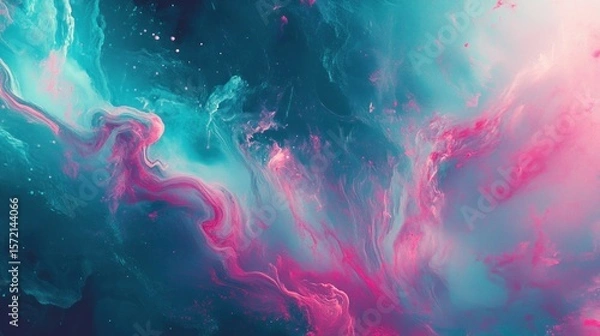 Fototapeta A fluid abstract background with smooth glowing light trails, gradients in shades of teal, pink, and lavender, evoking a calming and serene atmosphere