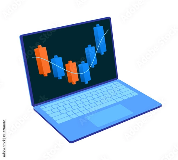 Fototapeta 3D Up Growth Stock Graph, Candle Stick Pattern on Blue Laptop for Financial Investment Signs Economic Exchange Market Trend Data Business Trading Success Isolated Cutout Icon Vector Illustration