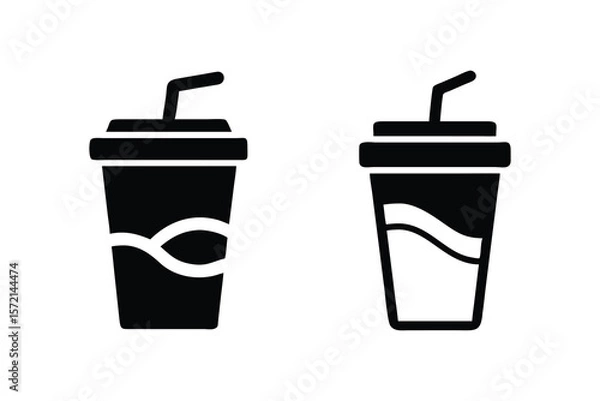 Fototapeta Two Simple Black and White Soda Cup Icons:  Minimalist, Modern Design,  Perfect for Branding, Websites, Apps, and Fast Food Menu Design, Representing Refreshment and Thirst Quenching.
