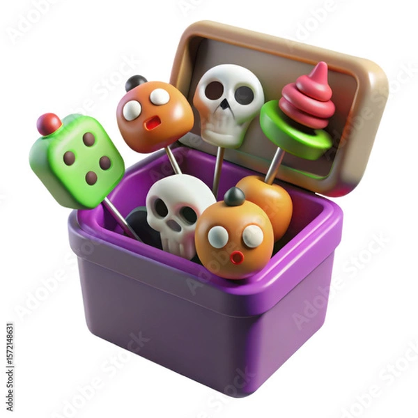Fototapeta A 3d purple box filled with assorted halloween themed cake pops including skulls pumpkins a green dice and a pink swirl isolated on transparent background