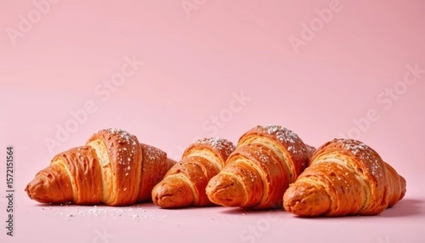 Fototapeta charming croissant set in the bar corner on a pink background, in a warm food photography style, with soft softness, clear composition, high resolution