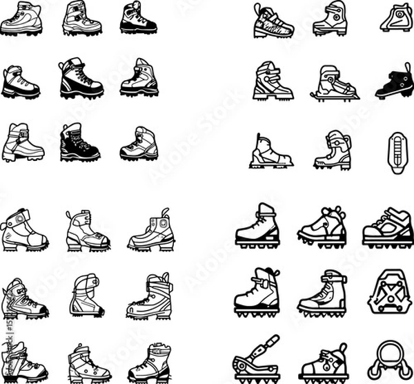 Fototapeta crampons icons, ice crampons, climbing crampons, mountaineering crampons, snow crampons, hiking crampons, traction crampons, crampon spikes, snowshoe crampons, crampon gear, ice climbin