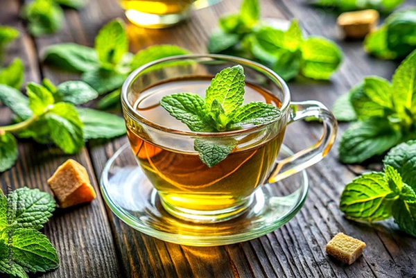Fototapeta Inviting Close-Up of Fresh Mint Tea with Lush Mint Leaf Garnish, Created with AI Generative