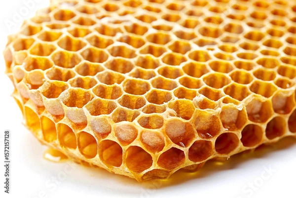 Fototapeta Golden Honeycomb Macro on Clean White Background, Created with AI Generative