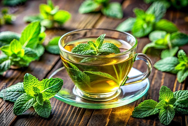 Fototapeta Refreshing Close-Up of Fresh Mint Tea with Lush Mint Leaves. AI Generative
