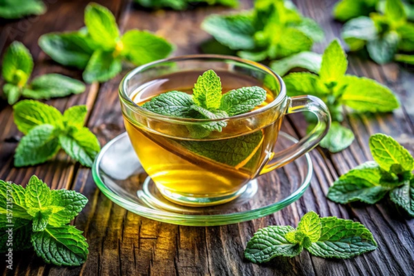 Fototapeta Refreshing Close-Up of Mint Tea with Fresh Mint Leaves, Created with AI Generative