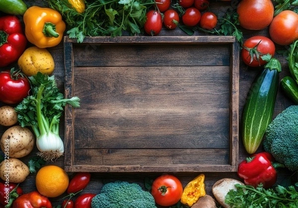 Fototapeta Fresh vegetables artfully arranged around a wooden board, creating a vibrant, healthy display.
