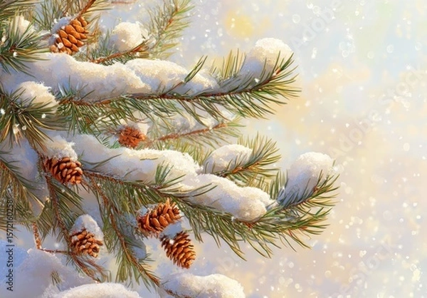 Fototapeta Snow-covered pine branch featuring pine cones, capturing winter's delicate beauty