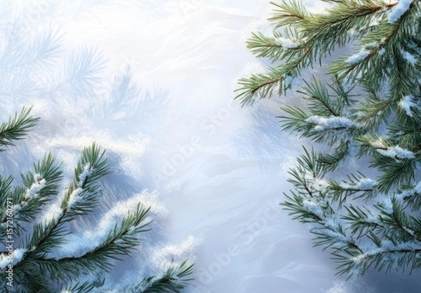 Fototapeta Snow-covered pine branches frame winter landscape
