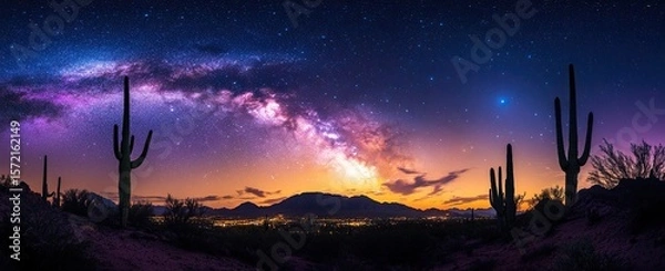 Fototapeta Desert cacti silhouette under the Milky Way galaxy at dusk, overlooking distant mountains