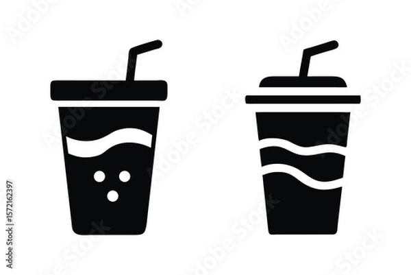 Fototapeta Two stylized black silhouette icons of disposable paper cups with straws and bubbly drinks representing beverages and refreshment