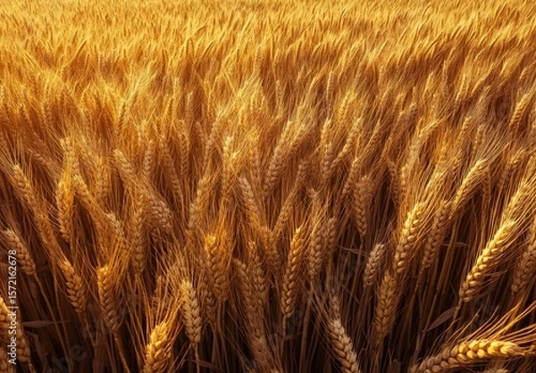 Fototapeta Golden wheat field in sunlit moment, swaying in breeze, abundant harvest scene.