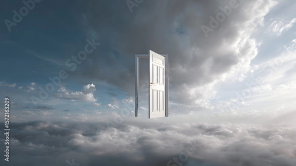 Fototapeta Skyward Gateway: An open door floats amidst a sea of clouds, inviting exploration and symbolizing endless possibilities, rendered in a photorealistic style, evoking a sense of wonder.