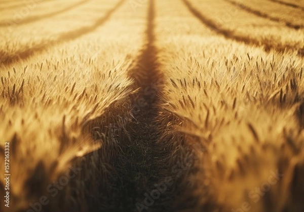 Fototapeta Wheat field lines bathed in sunlight, with path leading through the golden crop under a warm sky.
