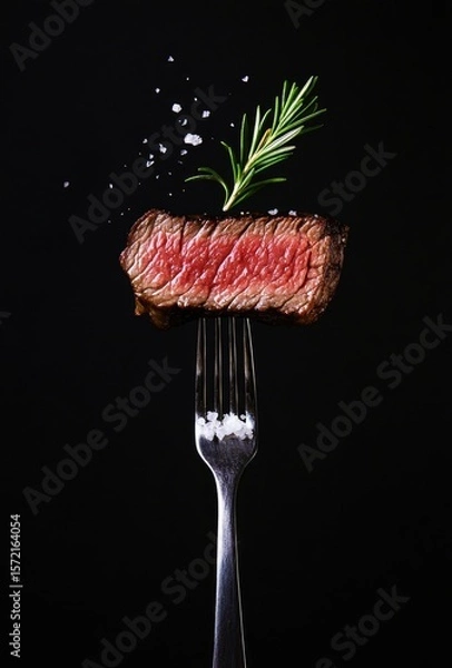 Fototapeta Juicy steak held by fork, seasoned with rosemary & salt against a black background