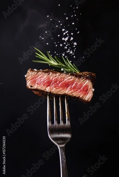 Fototapeta Steak on fork with rosemary and salt, cooking detail, black background
