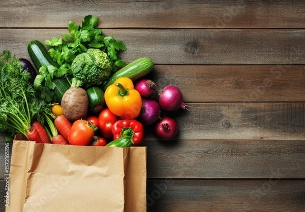 Fototapeta Fresh Produce Displayed in Paper Bag on Wooden Table.