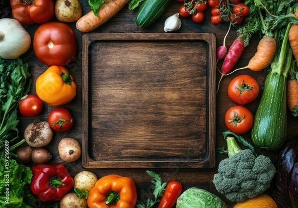 Fototapeta Fresh vegetables arranged around wooden platter on dark brown table top.