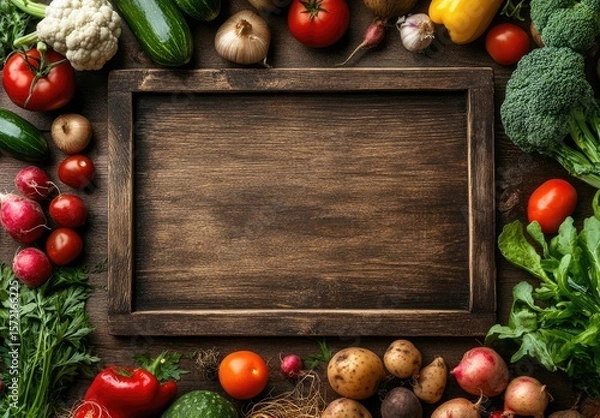 Fototapeta Fresh Vegetables Framing Empty Wooden Board on Table, Perfect for Menu, Recipes.