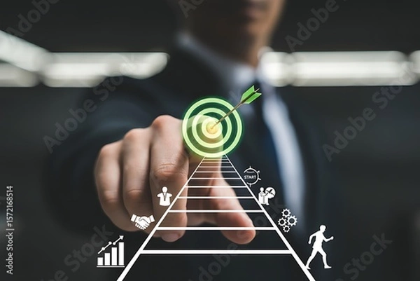 Obraz Businessman pointing towards a glowing target with an arrow and a pyramid of business icons success