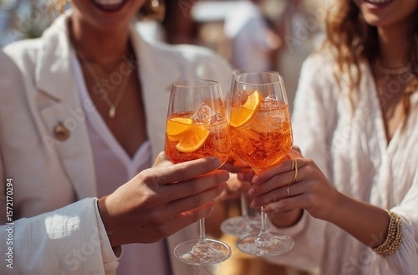 Obraz Close-up group toasting with orange cocktails in glasses, three professionals in white shirts against light beige background, warm sunlight for corporate hospitality advertising