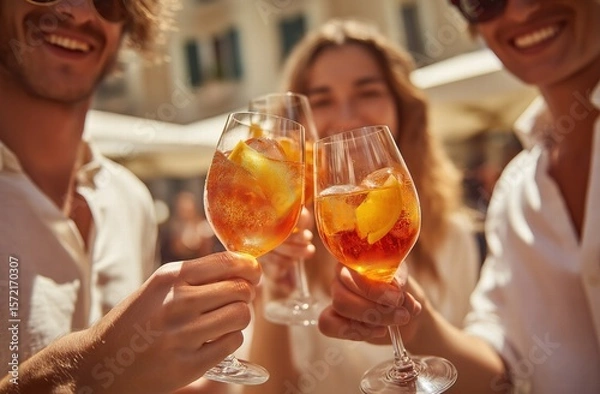 Obraz Close-up group toasting with orange cocktails in glasses, three professionals in white shirts against light beige background, warm sunlight for corporate hospitality advertising