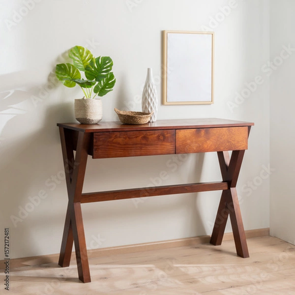 Fototapeta Minimal entryway setup with X-frame wooden console table featuring two front drawers, decorative monstera plant in woven basket, ceramic geometric vase, round wicker bowl and neutral wall art.