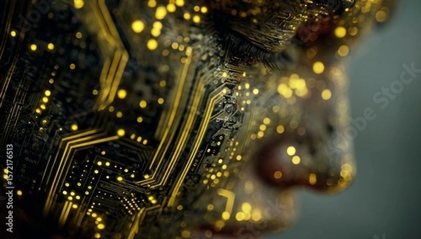 Obraz Futuristic Human Face with Circuitry and Digital Lights in Dark Environment