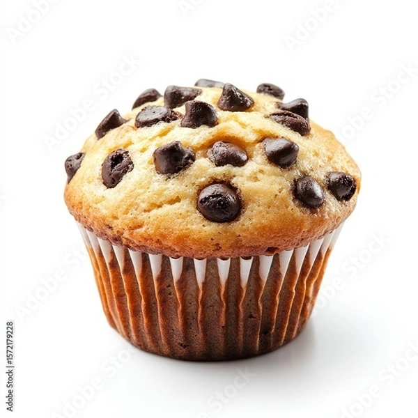 Fototapeta Delicious chocolate chip muffin on white background.