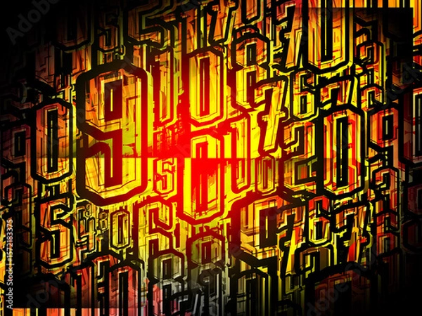 Fototapeta abstract numbers and letters black and yellow and red colors dark background, numbers overlap, fashion, decor, copy space