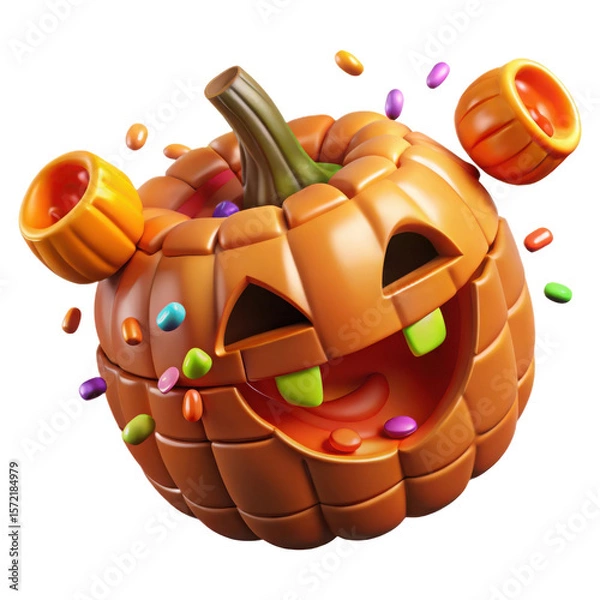 Fototapeta Joyful 3d halloween pumpkin character with candy flying around isolated on transparent background