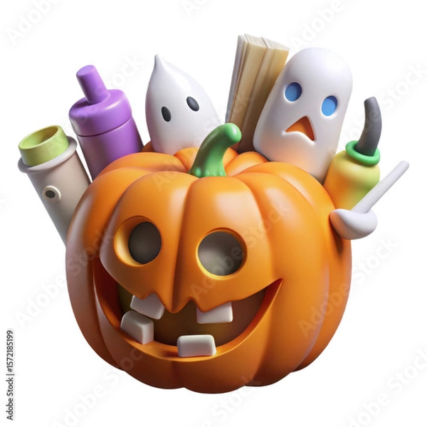 Fototapeta Whimsical halloween pumpkin with friendly ghosts and colorful objects isolated on transparent background