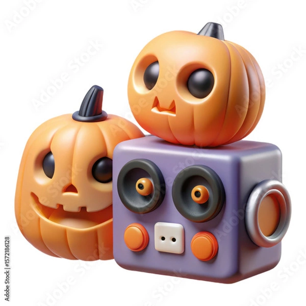 Fototapeta Cute 3d halloween pumpkins with a robot character and speakers isolated on transparent background