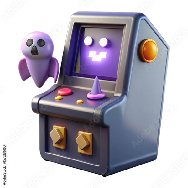 Fototapeta Cute purple ghost character playfully interacts with a vintage arcade game machine with glowing screen isolated on transparent background