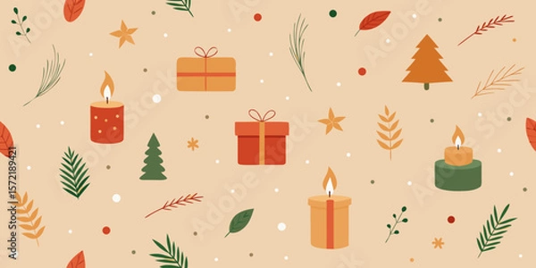 Fototapeta A festive vector illustration showcases a winter holiday celebration with a Christmas tree, shining star, snowflake ornaments, and glowing candle flame, perfect for a New Year's gift card design