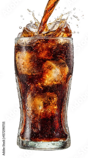 Fototapeta A close-up of a glass filled with cola and ice cubes, with cola being poured into the glass, creating bubbles and splashes.