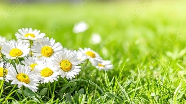 Fototapeta A park with a field of daisies, a product rising subtly from the flowers, fresh and clean with copy space on the left.