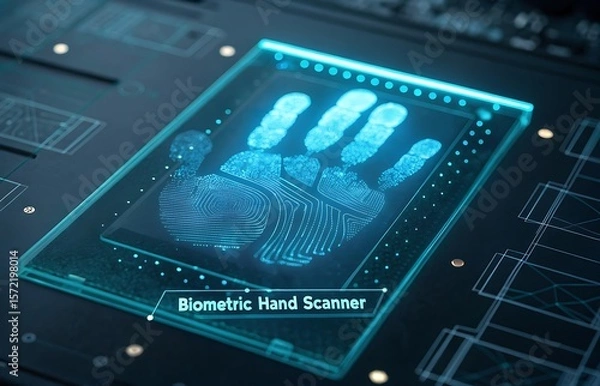 Fototapeta Futuristic Biometric Hand Scanner with Glowing Fingerprint