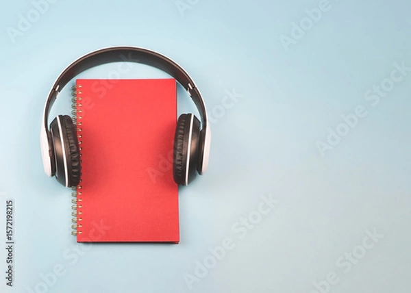 Fototapeta red  diary or planner covered with headphones on blue background  with copy space. , Audio book.