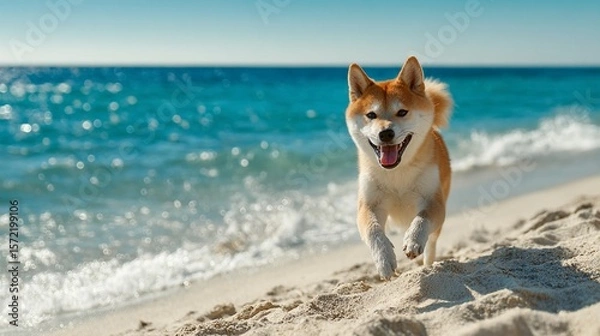 Fototapeta Shiba Inu Running on Beach/ビーチを走る柴犬2