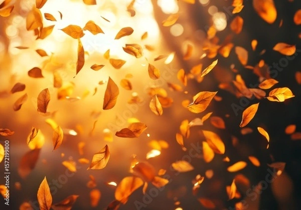 Fototapeta Golden autumn leaves falling in sunlight. (4)