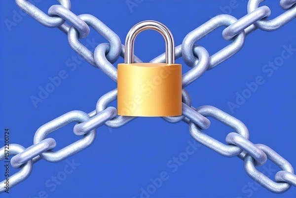 Fototapeta Padlock and Chains Security Concept: Golden Padlock Securing Silver Chains on Blue Background - Data Protection, Cybersecurity Image