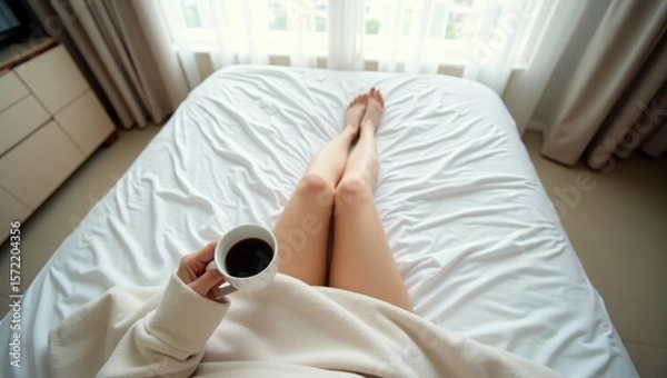 Obraz Top-down view of a person relaxing in a luxurious hotel bed, holding a coffee cup, with bare legs stretched out towards a bright window.