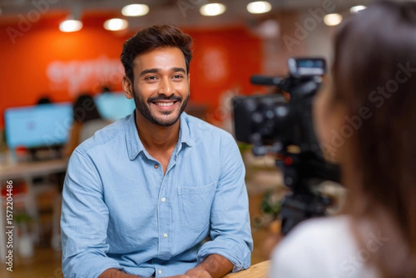 Obraz young indian man giving interview by journalist