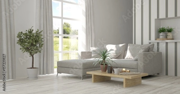 Fototapeta White room with sofa and green landscape in window. Scandinavian interior design. 3D illustration